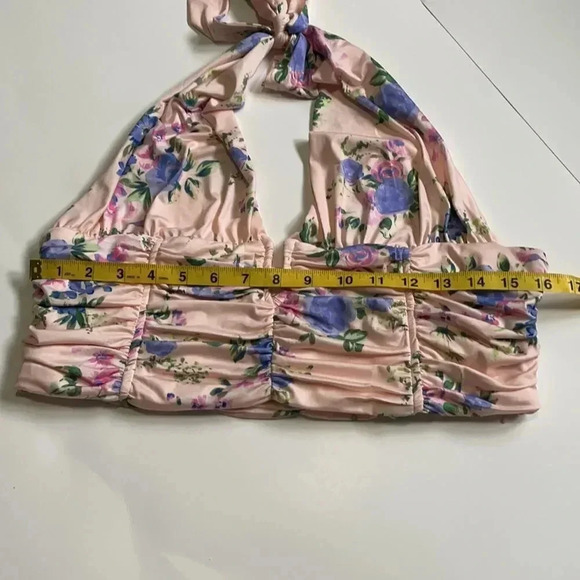 Zara halter crop top Light pink floral print Deep V Ruching NWT XL Feminine - Picture 3 of 11